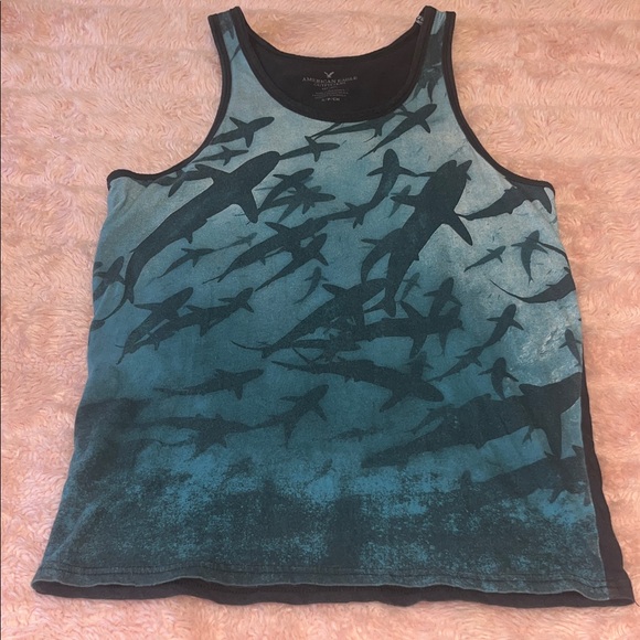 American Eagle Outfitters Teal Shark Print Tank Top - Picture 1 of 3